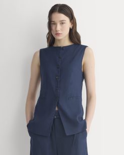 Long Vest in Stretch Linen | Navy
