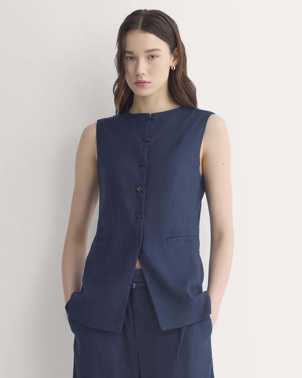 Long Vest in Stretch Linen | Navy
