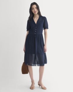 Notch Collar Shirtdress in Silk Georgette | Navy