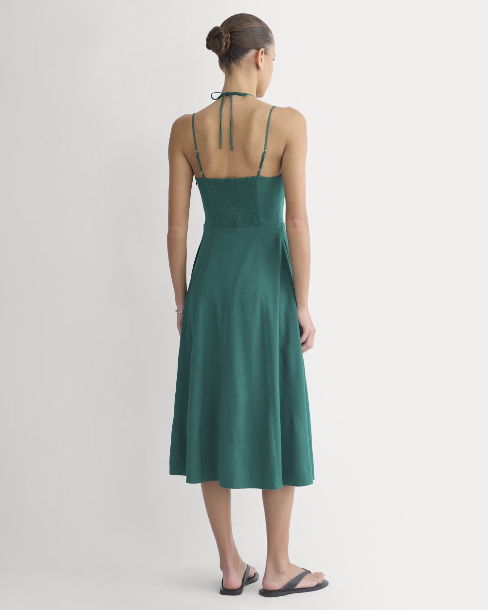 Tie-Neck Dress in Stretch Linen | Evergreen - Image 4