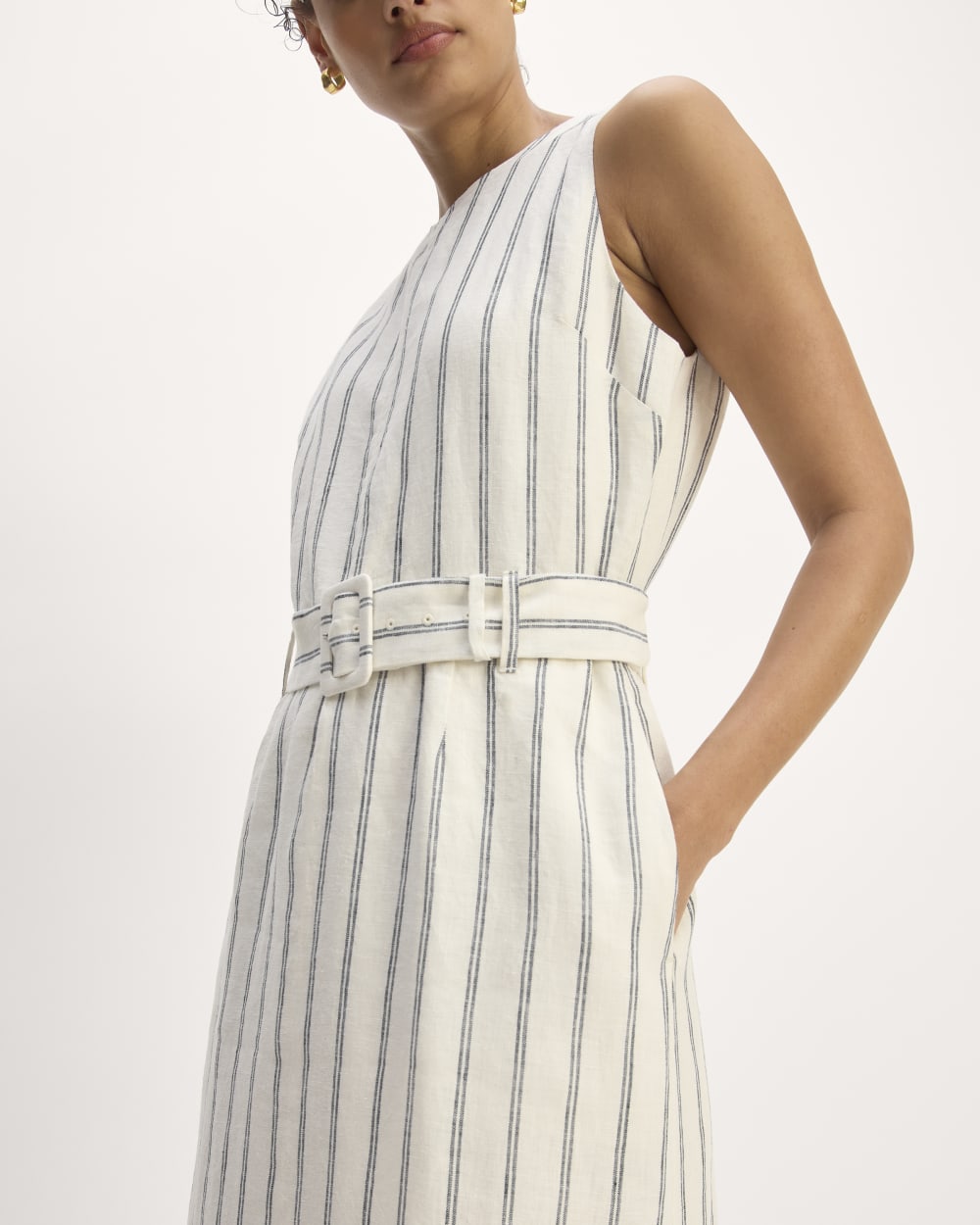 The Linen Belted Midi Dress | Bone/Navy - Image 5