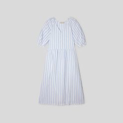 Alternative view of The Linen Oversized Puff-Sleeve Dress | Blue / White