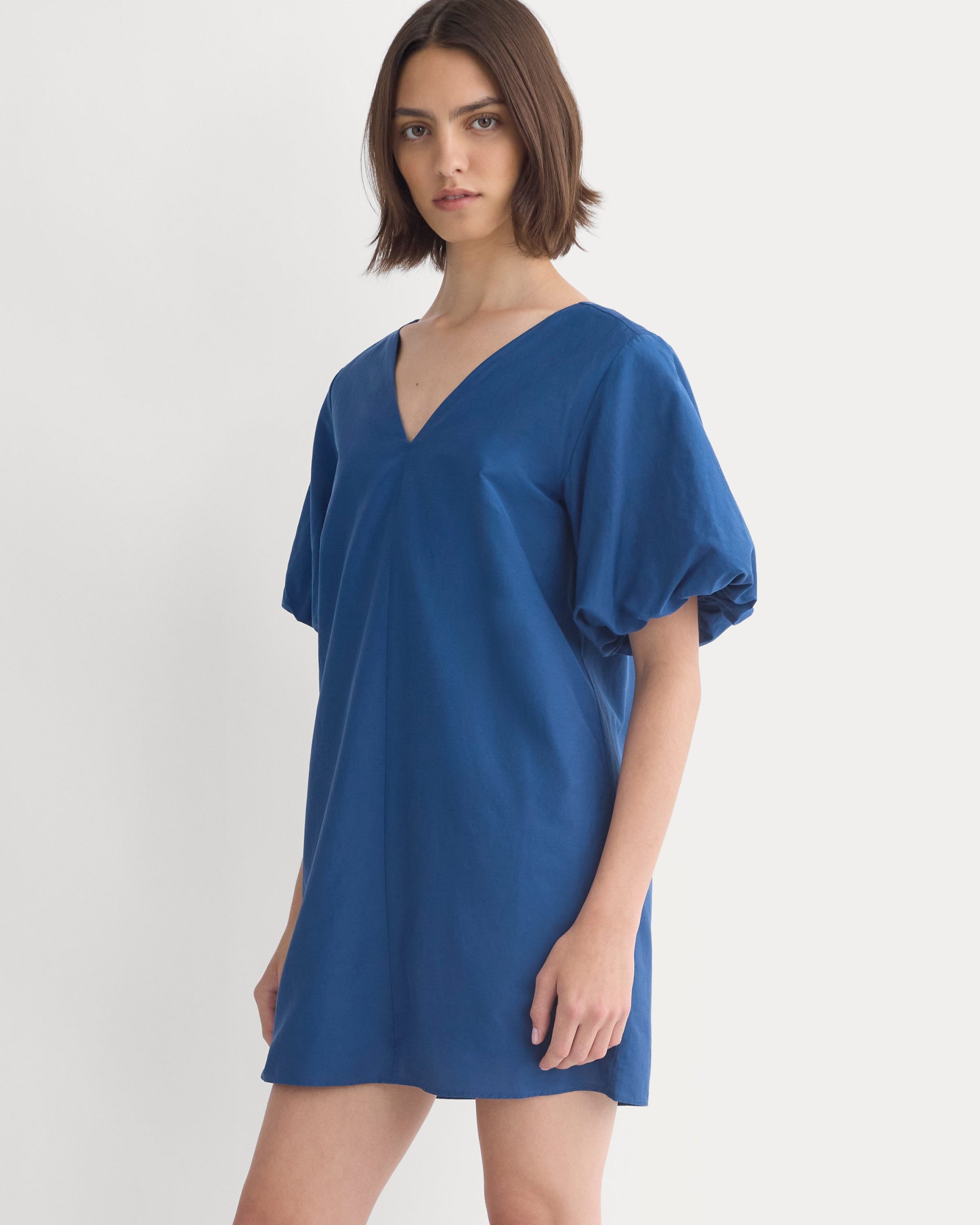 Bubble-Sleeve Mini Dress in Cotton Silk Voile | Estate Blue - Image 3