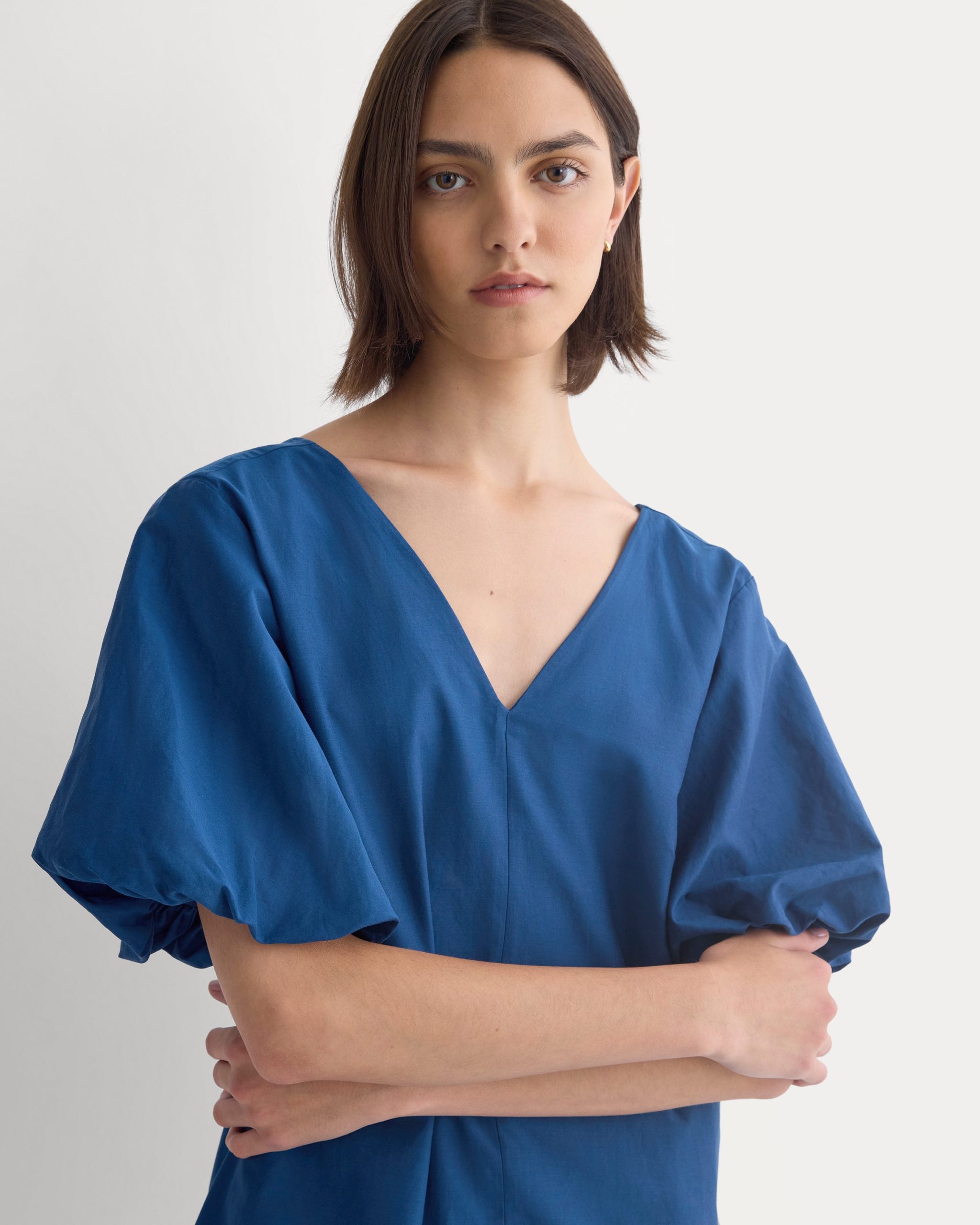 Bubble-Sleeve Mini Dress in Cotton Silk Voile | Estate Blue - Image 4