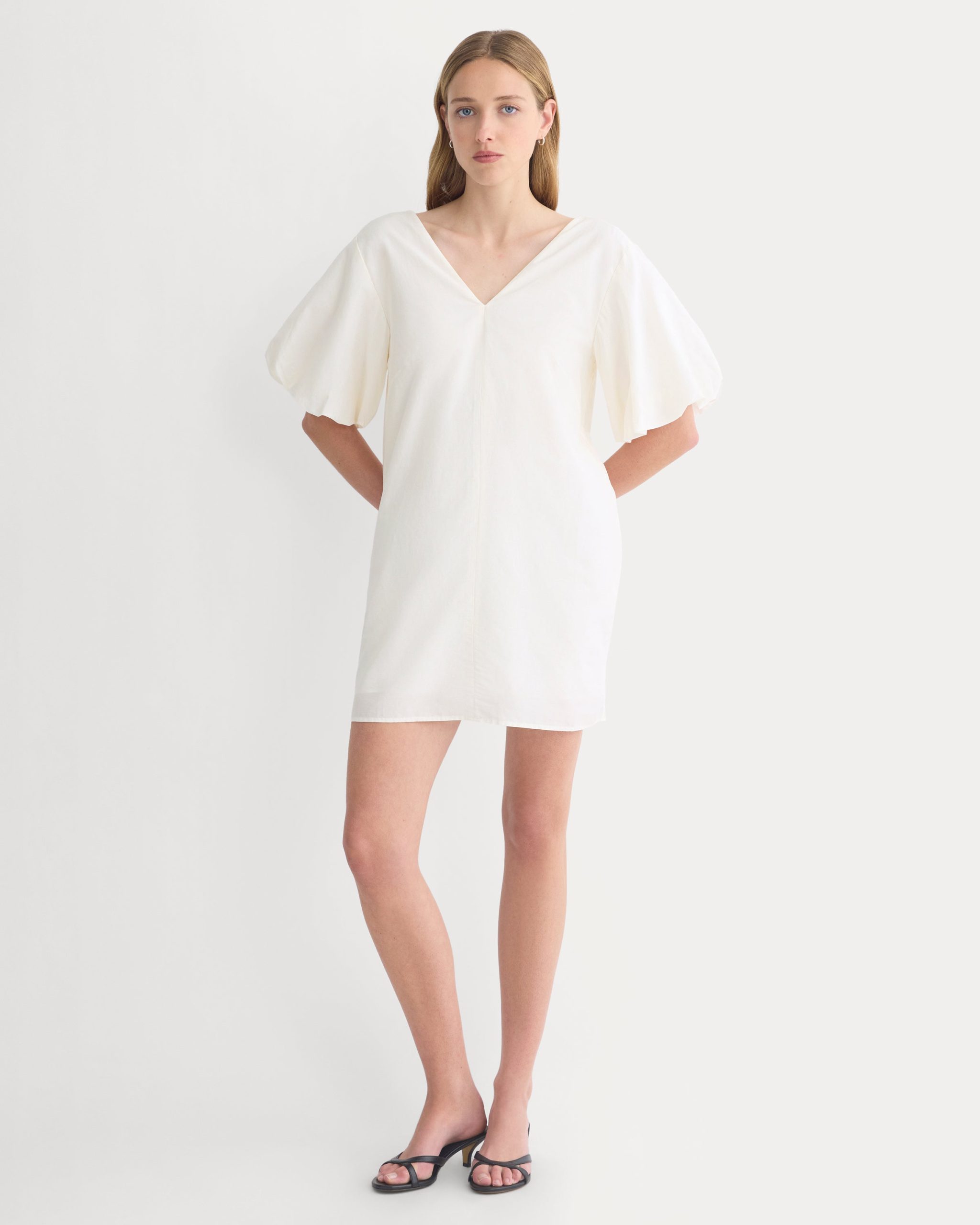 Bubble-Sleeve Mini Dress in Cotton Silk Voile | Bone