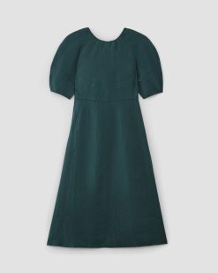 Alternative view of The Linen Short-Sleeve Scoop Midi Dress | Dark Sea
