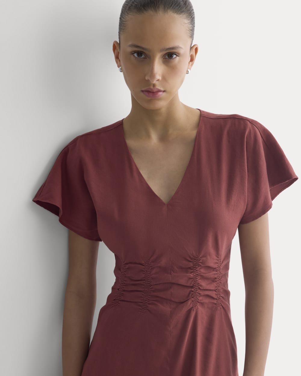 Cinched Dress in Stretch Linen | Henna Red - Image 3