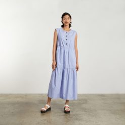 Alternative view of The Tiered Midi Dress | White / Blue Mini Stripe