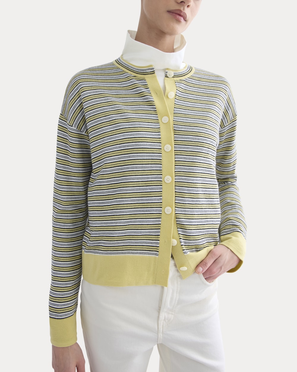Crew Cardigan in Ultrasoft Merino | Double Cream Multi Stripe - Image 4