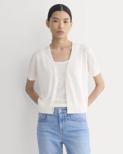 Lace Trim Cardigan in Fine Linen | Bone