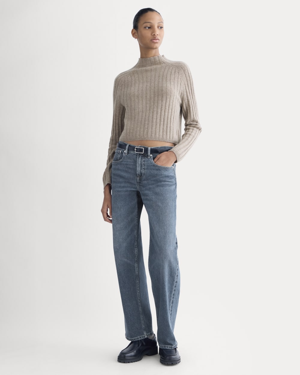 Funnel-Neck Cropped Sweater in Wool Cashmere | Oatmeal - Image 5