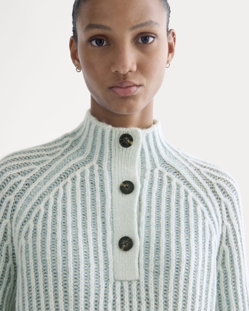 Funnel-Neck Ribbed Henley Sweater | Chalk Blue / Grey Mist Vertical Stripe - Image 4