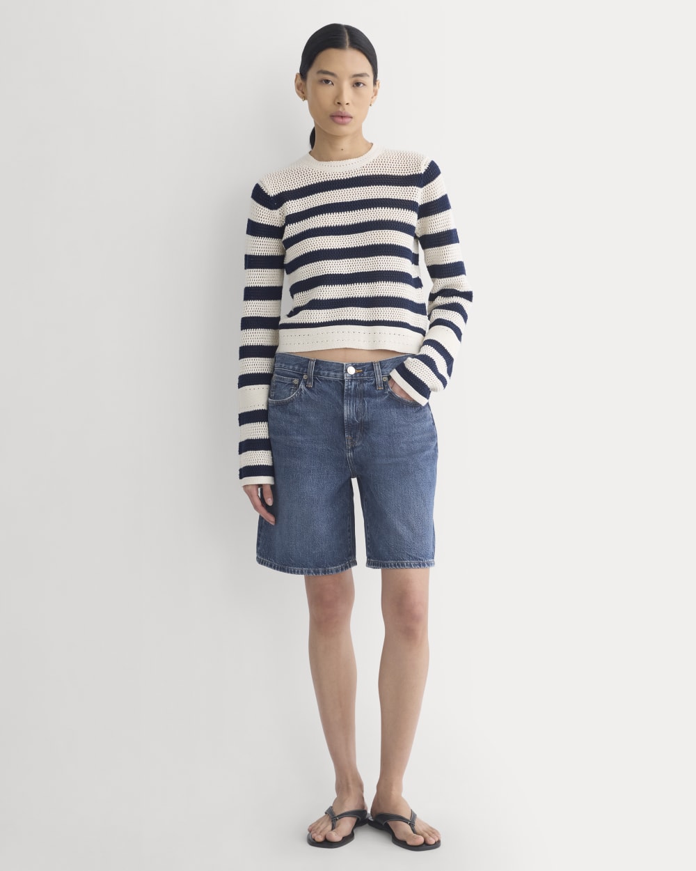 Open Knit Long-Sleeve Crew in Everyday Cotton | Canvas / Navy - Image 3