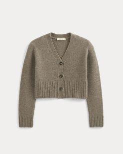 Alternative view of High V Cropped Cardigan in Alpaca | Taupe Melange