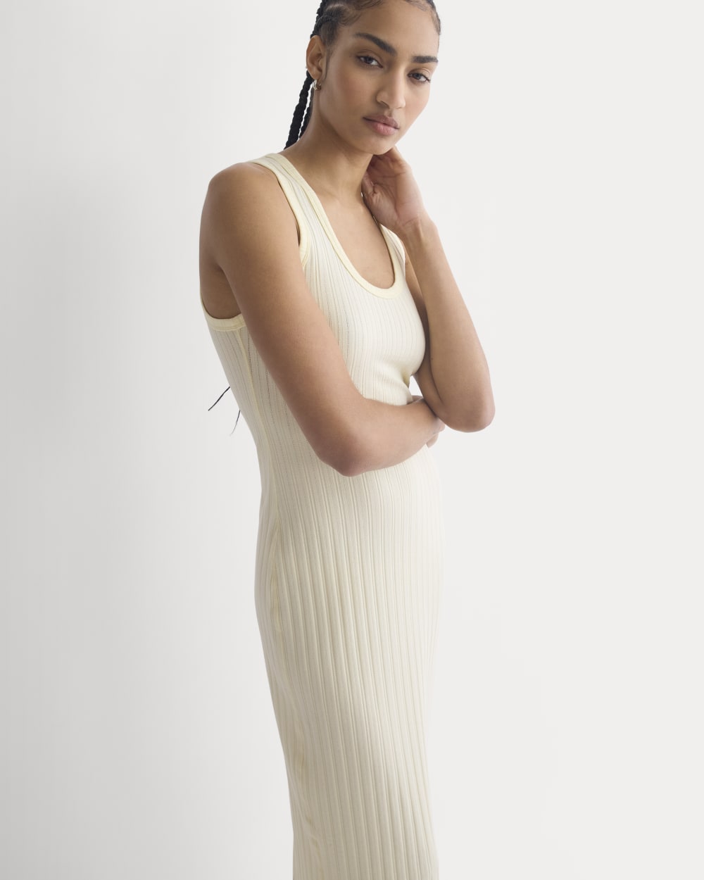 Scoop-Neck Midi Dress in Pointelle Knit | Lemon Icing - Image 3