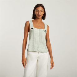 Alternative view of The Apron Linen Tank | Seafoam Pinstripe
