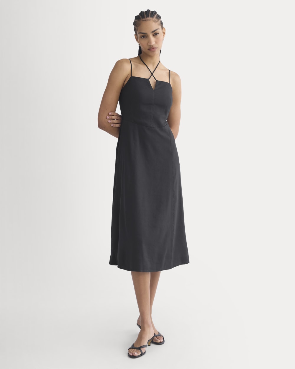 Tie-Neck Dress in Stretch Linen | Black - Image 4