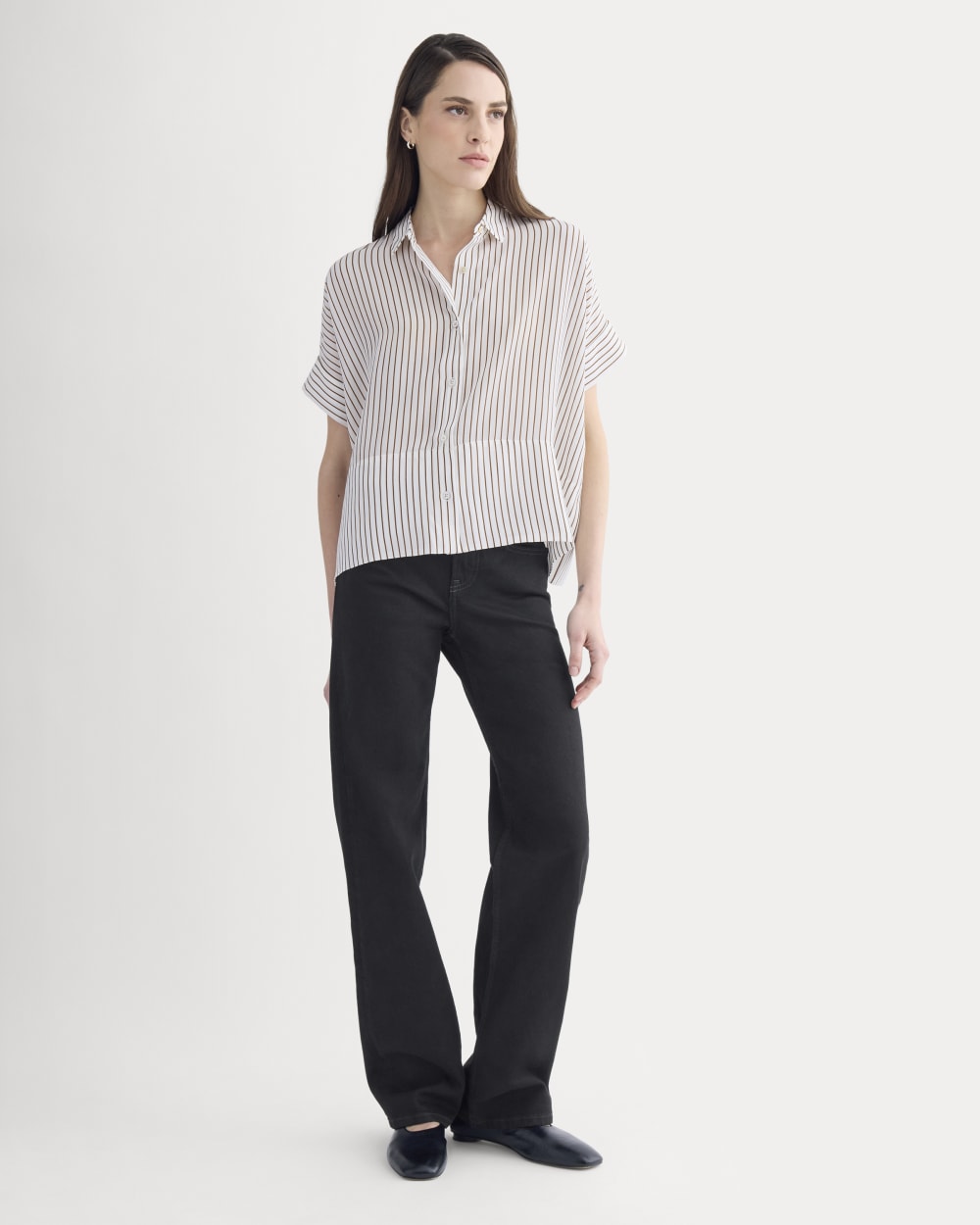 The Boxy Shirt in Washable Silk | Bone / Toffee Stripe - Image 3