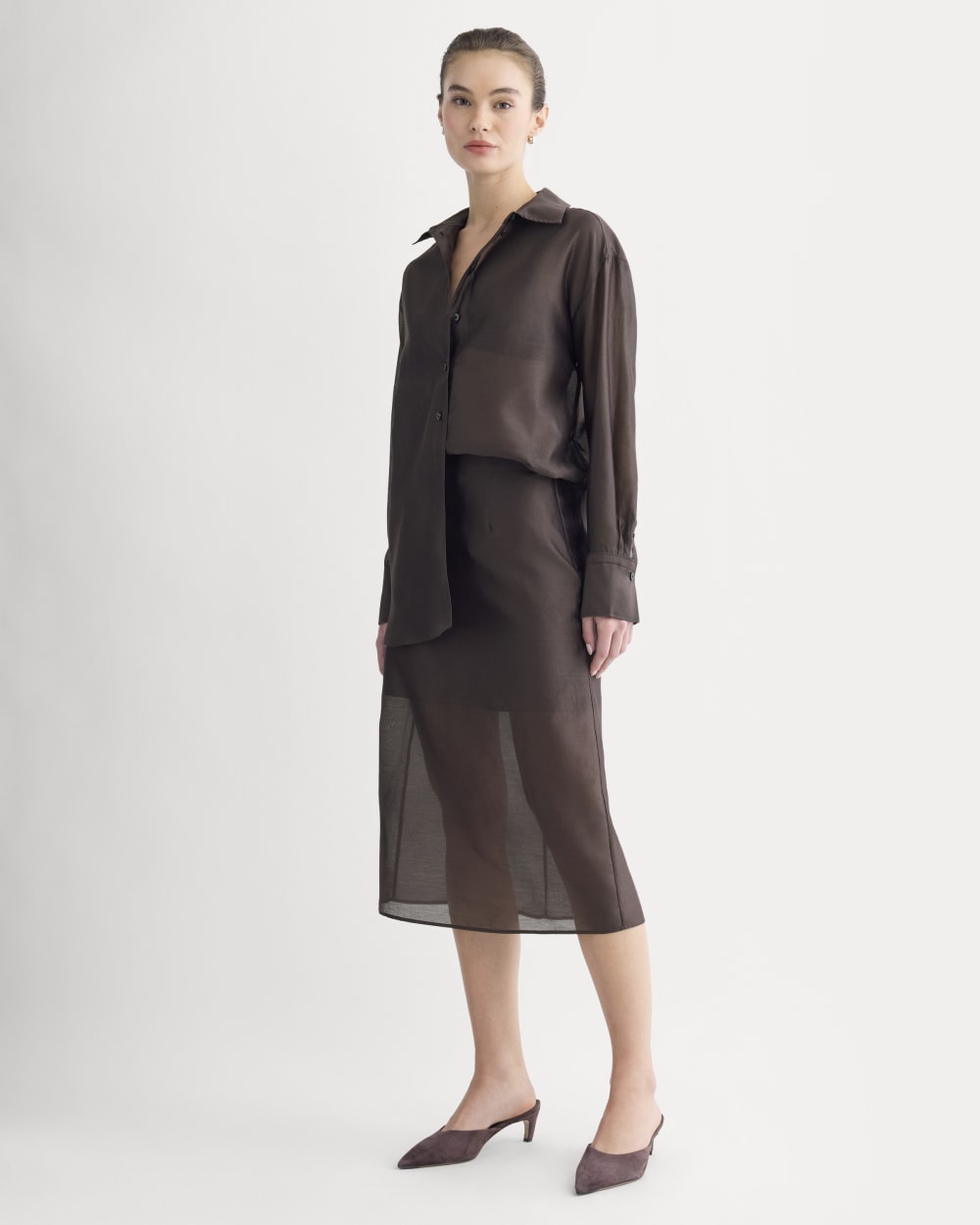 Oversized Shirt in Cotton-Silk Organza | Dark Chocolate - Image 3