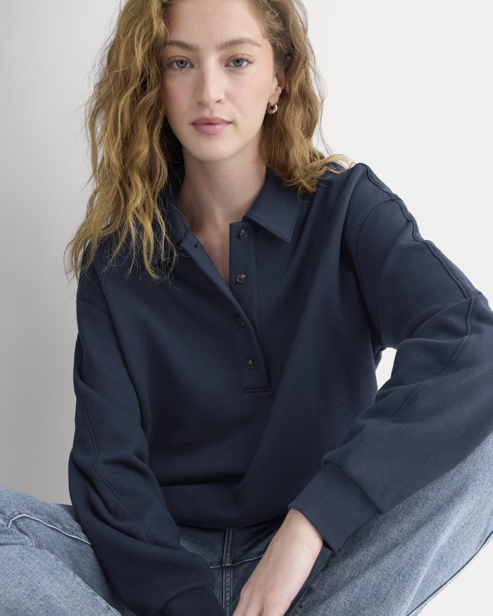 Lightweight Terry Polo Sweatshirt | Navy - Image 4