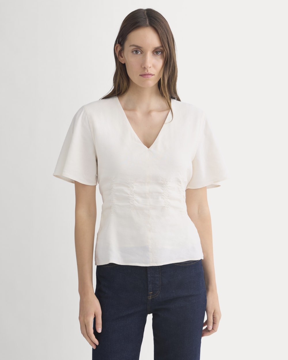 Cinched Top in Stretch Linen | Bone