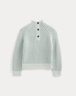 Alternative view of Funnel-Neck Ribbed Henley Sweater | Chalk Blue / Grey Mist Vertical Stripe