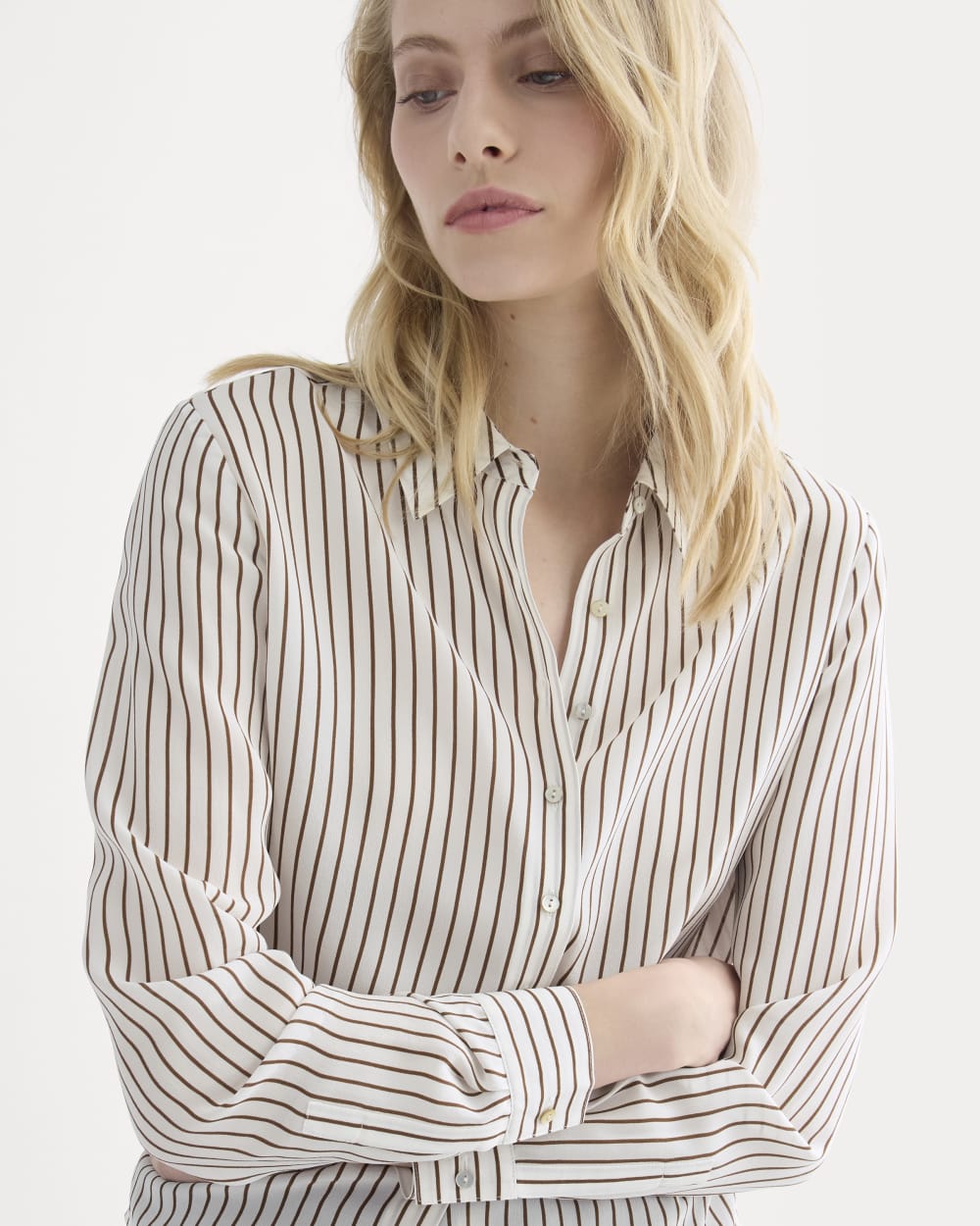 Shrunken Top in Washable Silk | Bone / Toffee Stripe - Image 5