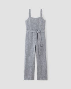 Alternative view of The Linen Side-Button Jumpsuit | White / Blue
