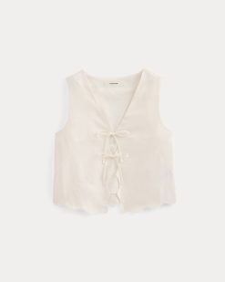 Alternative view of Tie-Front Scallop Tank in Linen | Bone