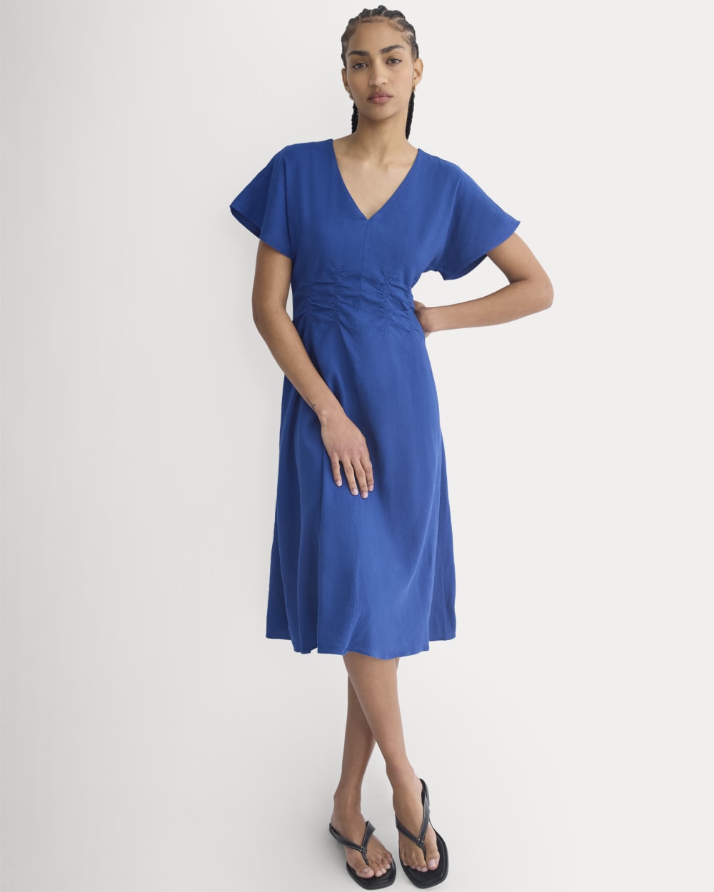 Cinched Dress in Stretch Linen | Estate Blue - Image 3