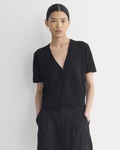 Lace Trim Cardigan in Fine Linen | Black