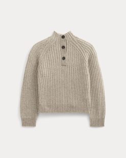 Alternative view of Funnel-Neck Ribbed Henley Sweater | Heathered Almond / Bone Vertical Stripe