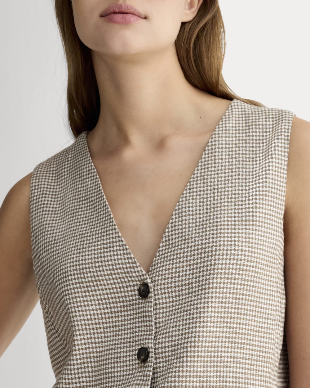 The Vest in Stretch Linen | Deep Taupe Mini Gingham - Image 4