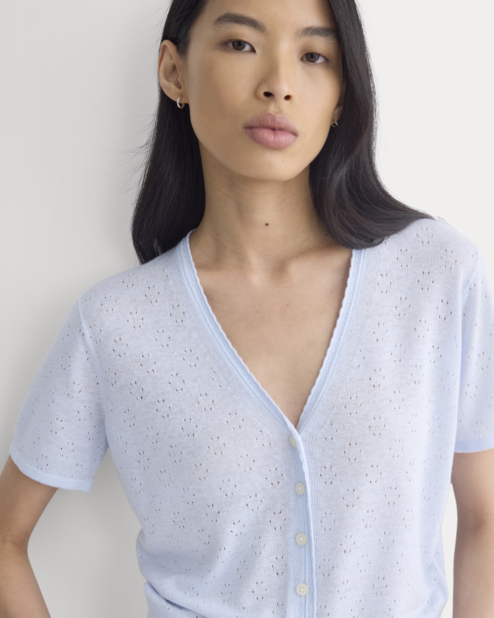 Lace Trim Cardigan in Fine Linen | Skywriting - Image 4