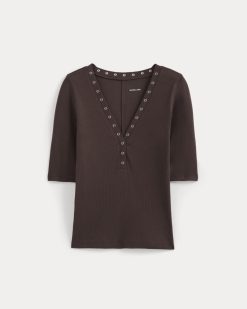 Luxe Rib V-Neck Henley | Coffee Bean