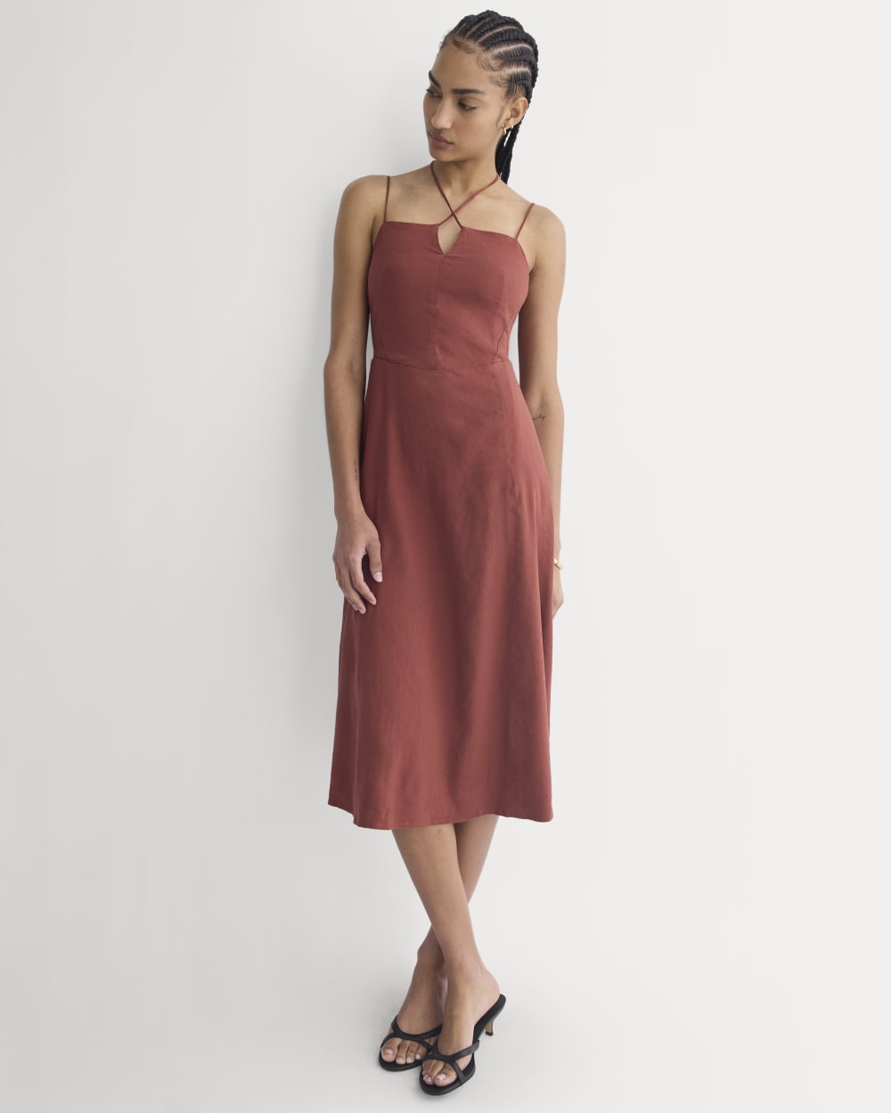 Tie-Neck Dress in Stretch Linen | Henna Red - Image 5