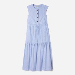 The Tiered Midi Dress | White / Blue Mini Stripe