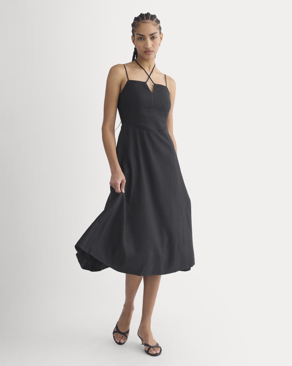 Tie-Neck Dress in Stretch Linen | Black