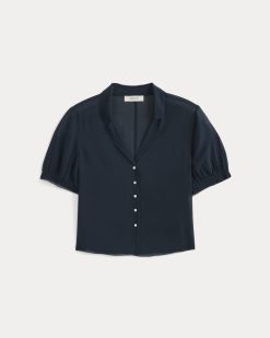 Alternative view of Notch Collar Shirt in Silk Georgette | Navy