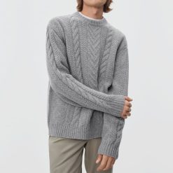 Alternative view of The Felted Merino Cable-Knit Crew | Heathered Mid-Grey