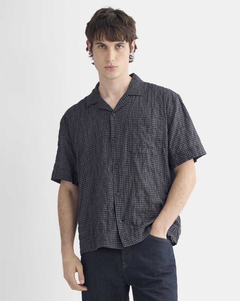 Textured Voile Resort Shirt | Black Plaid - Image 5