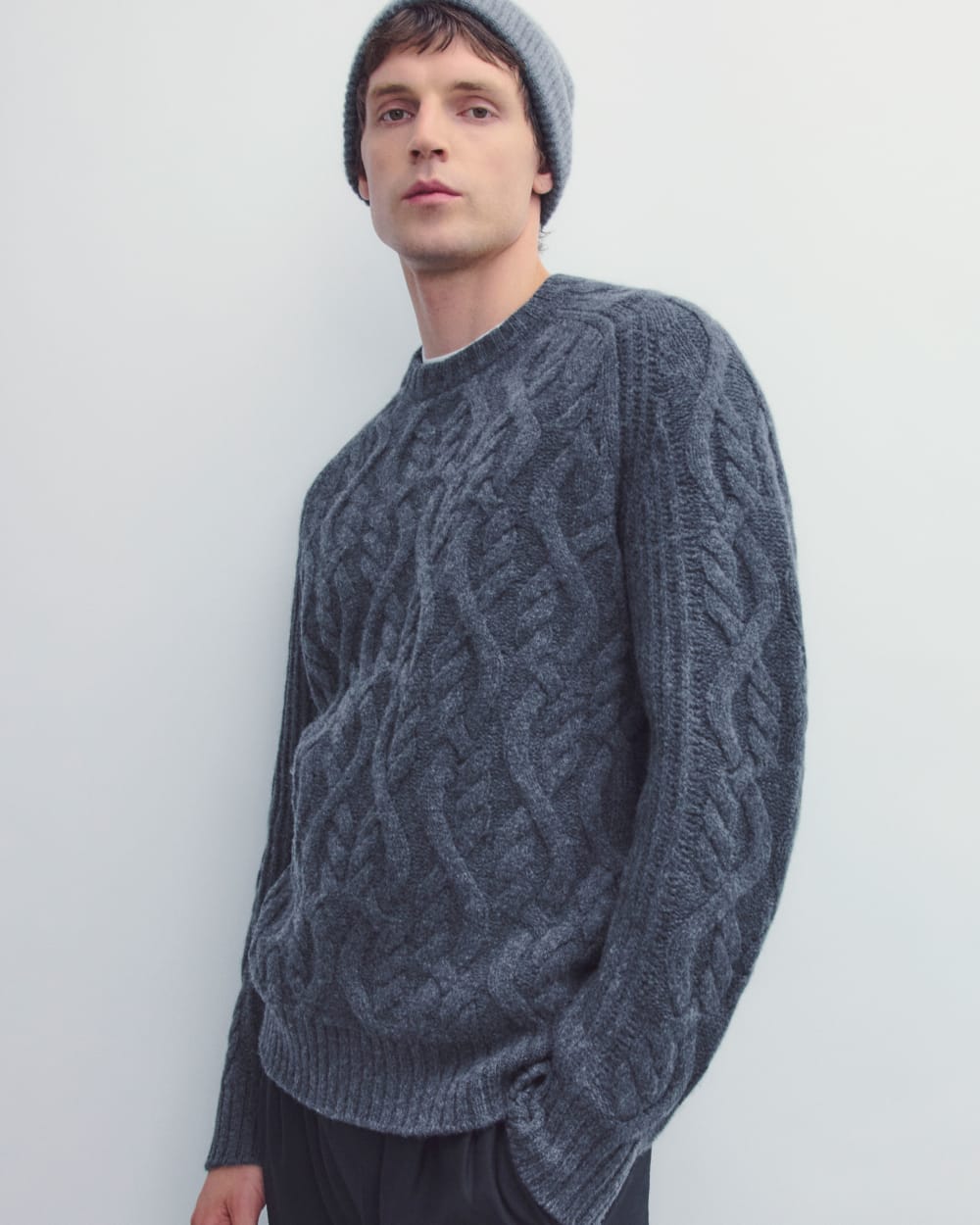 Cable Knit Crew in Luxe Merino | Heather Midnight Navy - Image 7